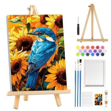 Imagem de MOGTAA Kit de pintura de pássaros por números para adultos iniciantes com moldura, kits de pintura de girassol para adultos por números em tela com cavalete, kits de pintura a óleo de animais fáceis