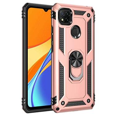 Imagem de SORAKA Capa para Xiaomi Redmi 9C com suporte de anel capa protetora Redmi 9C capa traseira de policarbonato rígido macio com placa de metal para suporte magnético de telefone carro ouro rosa