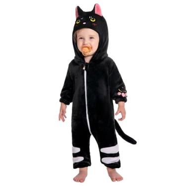 Imagem de OLAOLA Macacão de fantasia de animal de bebê, macacão infantil unissex de gato preto, fantasia de cosplay de pelúcia para bebês, fantasia de Halloween
