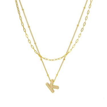 Imagem de Tasunom Colar com inicial de camada dupla, banhado a ouro 14K, pingente de letra de cristal CZ disponível, A-Z, Medium, Latão, Sem Pedra Preciosa