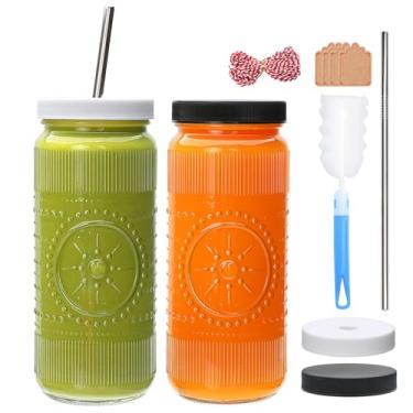 Imagem de Encheng Garrafas de suco de vidro de 473 ml, garrafas de suco reutilizáveis com tampas e canudos, recipientes de suco vintage, frascos de vitaminas de vidro para kombucha, água, café gelado, festa