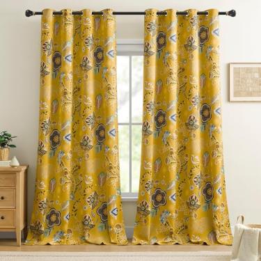 Imagem de Cortinas blackout 2 painéis de comprimento 2 painéis para quarto vintage amarelo floral meados do século moderno cortinas com padrão botânico sala de estar sala de jantar escurecimento privacidade