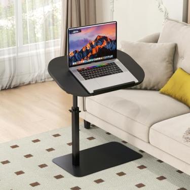 Imagem de Mesa lateral em forma de C de madeira maciça para sofá/cama, base de metal ajustável em forma de C, mesas de sofá giratórias/dobráveis de 360° que deslizam para baixo, mesa de centro para laptop com