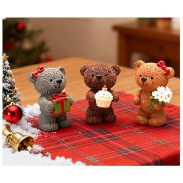 Imagem de MeritMode Cute Teddy Bear Figurines Set of 3 – Resin Bear Statues with Cupcake, Gift Box and Flowers, Mini Animal Figurines for Shelf, Desk, Kids Room Decor, Birthday, 2.3”H