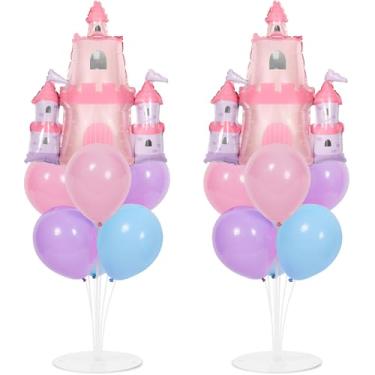 Imagem de Kit de suporte de balões de festa de princesa, 2 conjuntos com 2 balões de alumínio de castelo de princesa, azul pastel, rosa, roxo, centro de mesa para meninas, chá de bebê, contos de fadas