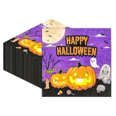 Imagem de Pacote com 50 guardanapos de papel de Halloween, 33 x 33 cm, esqueletos de fantasmas de abóbora, descartáveis, guardanapos de coquetel, suprimentos de festa para presentes de Halloween, decoração de