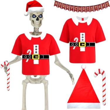 Imagem de Conjunto de acessórios de fantasia de esqueleto gigante de 3,5 m com camisa extragrande, chapéu de Papai Noel, faixa inflável de bengala doce, caveira, 3 m, roupas de esqueleto, roupas para decoração
