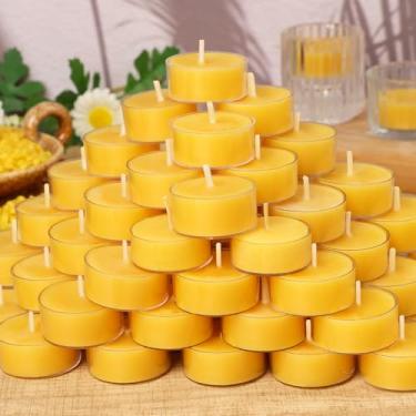 Imagem de 50 pacotes de velas de cera de abelha a granel, 4 horas 100% pura cera de abelha luzes de chá em copo transparente, velas de cera de abelha com aroma natural, pequenas, sem fumaça, queima limpa