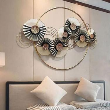 Imagem de RIAAJ Arte de parede de metal decoração moderna 3D circular metal forjado decoração de parede, sala de estar, quarto, sala de jantar com decoração de arte Feame, estátua de parede de 110 cm x 80 cm