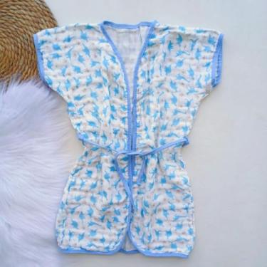 Imagem de Roupão de Banho Infantil com Capuz 100% Algodão para Praia Piscina e Natação Até 4 Anos (Dinossauro Azul)