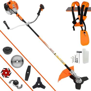 Imagem de Roçadeira À Gasolina Vulcan VR520H 52cc 2,5HP Alta Rotação Com Cabeçote de Nylon + Facas 2 Pontas, 3 Pontas, 6 Pontas, 40 Dentes de Vídea e Trimmer