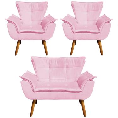 Imagem de Conjunto 2 Poltronas e 1 Namoradeira Pés Palito Charger Suede Rosa - Gran Belo