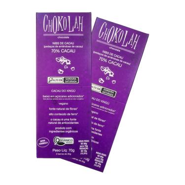 Imagem de Kit 2X: Chocolate 70% Cacau com Nibs Baixo em Açúcares Orgânico CHoKolaH 70g