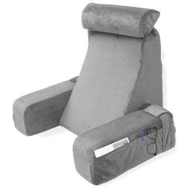 Imagem de Travesseiro de leitura para cama com rolo removível de pescoço e braços para descanso de cama para sentar na cama ou sofá almofada de apoio para as costas para ler, TV, jogos, relaxar (cinza)