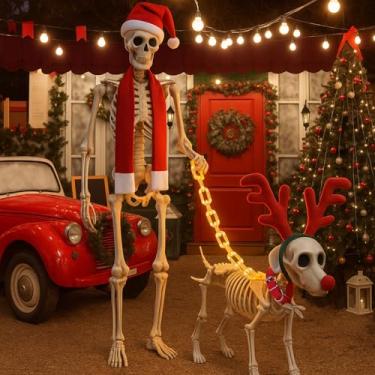 Imagem de Cutecrop 6 peças de esqueleto de cachorro de Natal de 2,1 m e acessórios de esqueleto de 3,6 m, decorações gigantes incluem cachecol e chapéu de Papai Noel, corrente com luz LED, coleira de nariz de
