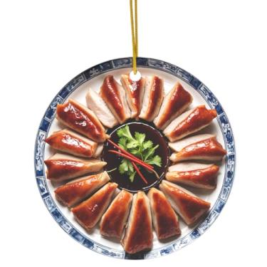 Imagem de Enfeite de Natal com comida chinesa de pato de Pequim, decoração de árvore de natal de cerâmica redonda, presente engraçado de cozinha asiática, lembrança de viagem exclusiva (design impresso plano de