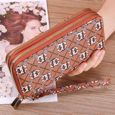 Imagem de Carteira feminina com bloqueio de embreagem com suporte para cartão de crédito de grande capacidade com alça de mão, Marrom