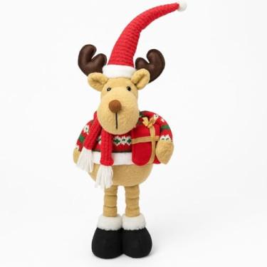 Imagem de Rena do Papai Noel Rena de Natal Decoração Extensível 65cm com Gorro e Presente – Enfeite Natalino em Tecido para Sala, Mesa e Aparador Decoração de Natal