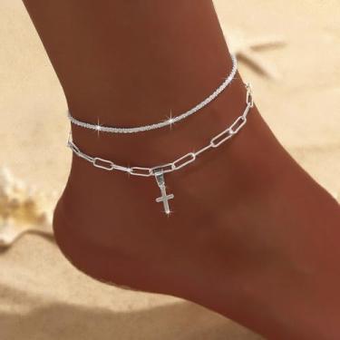 Imagem de Tornozeleira feminina prateada delicada com glitter em camadas com pingente de cruz simples e pequena tornozeleira com clipe de papel empilhável tornozeleira com elos frisados, joias de praia de verão