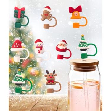 Imagem de 8 peças de tampa de palha de Natal para copo Stanley, tampas reutilizáveis com alça de 10 mm