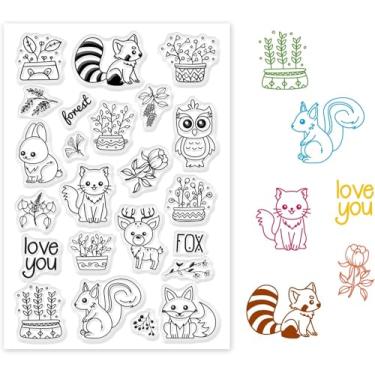 Imagem de Carimbo de plástico PVC com tema animal, 16 x 11 x 0,3 cm, esquilo, coelho, veado, coruja, vaso, planta, estampa de uva, moldura de filme, carimbo transparente para carimbos, cartões, álbum de fotos