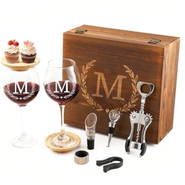 Imagem de Conjunto de presente de aniversário de vinho para mulheres, mãe, esposa, gravado, monograma, caixa de madeira, presentes para o dia das mães, presente de aniversário de casamento, taças de vinho