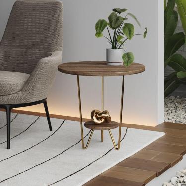 Imagem de Mesa Lateral Redonda Industrial Italy Ferro Dourado E Tampo Amêndoa