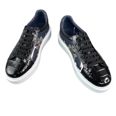 Imagem de Sapatos masculinos autênticos de couro de crocodilo exótico bordado patchwork couro de jacaré genuíno masculino com cadarço, Preto, 38