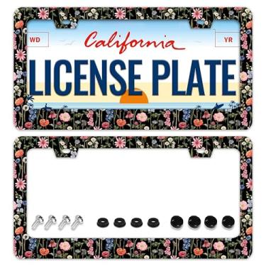 Imagem de Moldura de placa de licença de flores e plantas, 2 peças, molduras florais engraçadas para placa de carro peças decorativas de carro placa de licença de aço inoxidável para suporte de placa de licença