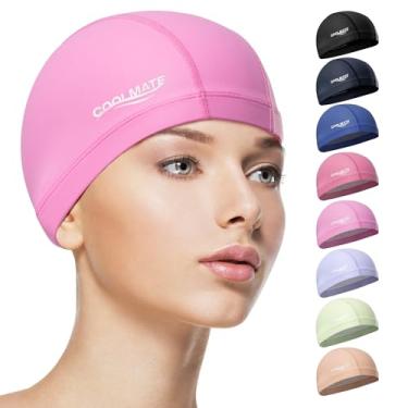 Imagem de COOLMATE Touca de natação de tecido para mulheres adultas homens crianças 3 4 6 8 14 16, camada de silicone resistente à água, touca de natação de tecido presentes para nadadores, leve e confortável