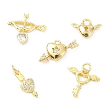 Imagem de UR URLIFEHALL 10 peças, 5 estilos, pingentes de seta de zircônia cúbica, banhado a ouro 18 K, pingente de chave com asa de coração para fazer você mesmo, pulseira, colar, gargantilha, joias