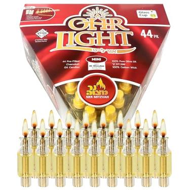 Imagem de Ner Mitzvah Copos de óleo de menorá de Hanukkah pré-cheios, copos de menorá 100% de azeite de oliva com pavio pronto para usar, luzes Ohr (pacote com 44), X - Pequeno (queima aproximadamente 45