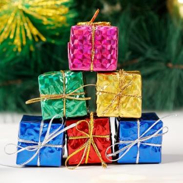 Imagem de 12 peças/conjunto de mini caixas de presente brilhantes em forma de enfeite para pendurar árvore de Natal pingente de árvore de Natal multicolorido pequena caixa de doces pingente pendurado decoração