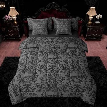 Imagem de Feelyou Conjunto de edredom gótico de 7 peças, tamanho king, verde-oliva escuro, crânio, boêmio, gótico, vintage, vitoriano, barroco, floral, em uma bolsa