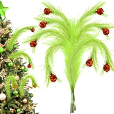 Imagem de Topper de árvore de Natal de elfo de 48 cm – 8 peças verde limão fofo encaracolado palhetas de árvore de Natal enfeites de enchimento com bola vermelha, para vaso de guirlanda em casa, festa de férias