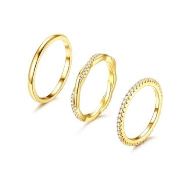 Imagem de Anéis empilháveis de ouro 14 K para mulheres, na moda, delicados, banhados a ouro, anéis de articulação, zircônia cúbica torcida para polegar fino, rosa, simples, conjunto de alianças de casamento