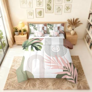 Imagem de Erosebridal Conjunto de edredom abstrato tropical king com lençóis, rosa, verde, minimalista, 7 peças, boêmio, geométrico, boêmio, botânico, chique, boêmio