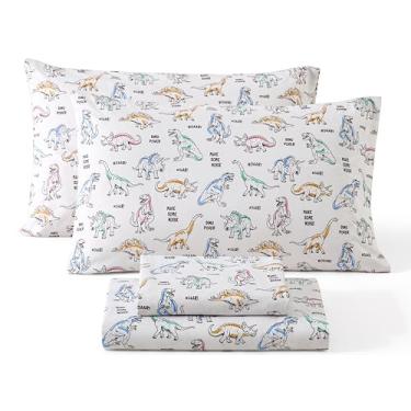 Imagem de HLC.ME Lençóis de cama infantis com estampa de dinossauros poderosos – Conjunto de lençóis com estampa de 4 peças – Resistente a amassados e ultramacios – Cabe em colchões de até 38 cm de profundidade