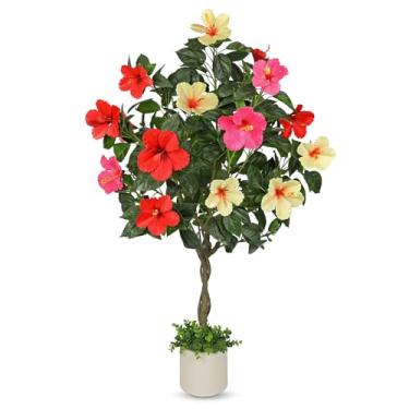 Imagem de Briful Árvore de hibisco artificial de 119 cm com flores de 3 cores, planta tropical falsa em vaso, árvore de flor falsa alta para decoração interna e externa, hibisco de seda realista e tronco