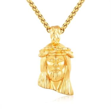 Imagem de Pingente de Jesus Hip Hop com Diamante Brilhante com Corrente Banhada a Ouro 18 K, Presente de Joias Religiosas, Medium, Banhado a ouro