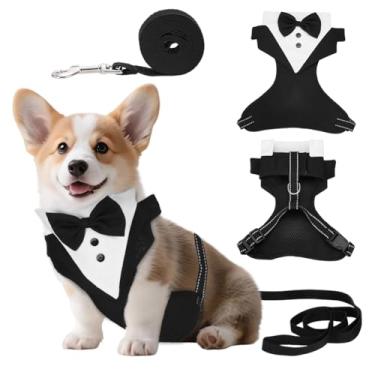 Imagem de NBEADS Colete de smoking para cães, peitoral para cães, roupas com coleira ajustável, traje de cachorro com gravata borboleta para aniversário, casamento, caminhada, preto, 29 x 27 x 25 cm