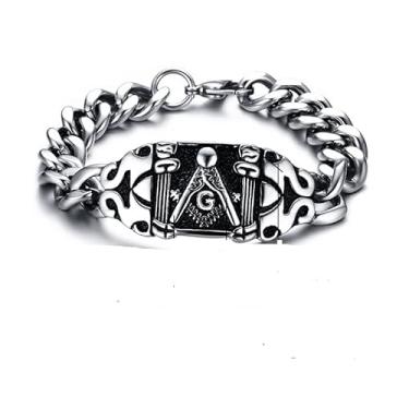 Imagem de Rockyu Pulseira masculina de aço inoxidável, design maçônico, prata altamente polida, 25 mm, comprimento 21 cm, 84,6 g, perfeita para o Dia das Bruxas