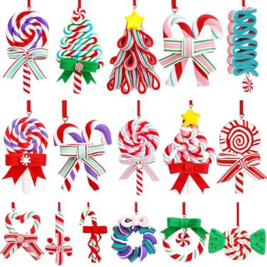 Imagem de AUGSUN 16 peças de enfeites de pirulito de Natal, mini bengala doce de Natal, pingentes de argila de polímero, hortelã-pimenta, para decoração de casa de festa de árvore de Natal (vermelho e azul)