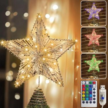 Imagem de WVSAFV Topper de árvore de Natal, estrela, champanhe, topo de árvore de Natal com 40 luzes de LED brancas quentes, estrela de topo de árvore de tradição para decoração de Natal