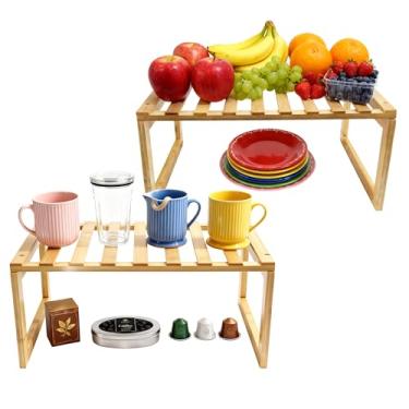 Imagem de yaenoei Prateleira de bambu para armário de cozinha 40 x 25 x 17 cm, prateleira de armazenamento de madeira para bancada, despensa, banheiro