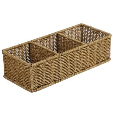 Imagem de Cesta de vime impermeável com 3 compartimentos, organizador de balcão de banheiro tecido à mão, pequeno cesto de armazenamento para armazenamento de papel higiênico, prateleira de bancada (marrom