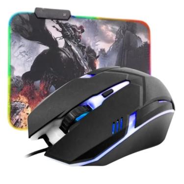 Imagem de Kit Mouse Gamer Com Led Usb 500/800/1200/1600dpi C3tech + Mousepad Gamer RGB Antiderrapante Luz Led Cavaleiro 35x25cm Borracha Natural Conforto e Estabilidade Combo