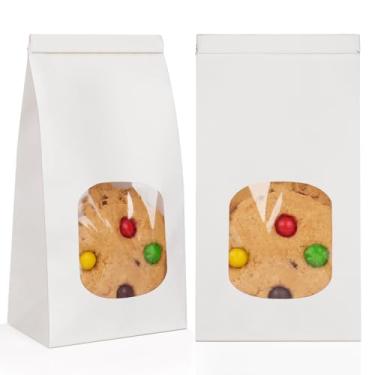 Imagem de Foranda Pacote com 100 sacos de papel para biscoitos com janela, 10 x 6 x 21 cm, saco de padaria branco pequeno para embalagem de pipoca, mistura de trilha, petiscos, assados, lembrancinhas de festa