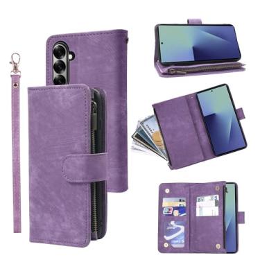 Imagem de Dibosom Capa carteira para Samsung Galaxy Z Fold 7 com cordão de pulso e couro vintage premium flip porta-cartão de crédito acessórios capa de celular para ZFold Z7 G Fold7 7Z mulheres homens roxo