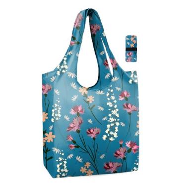 Imagem de Sacolas de compras reutilizáveis de flores de poliéster dobrável, sacolas de compras reutilizáveis extragrandes de 22,7 kg, resistentes, laváveis na máquina, reutilizáveis para mantimentos